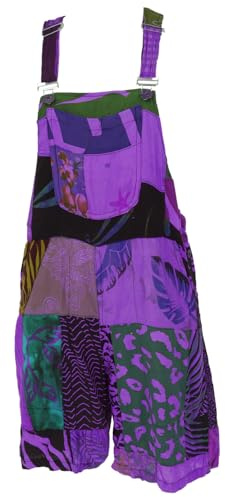 GURU SHOP Goa Shorts, Kurze Patchwork Latzhose, Upcycling Boho Latzhose - Lila, Damen, Size:M