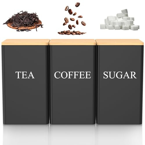 HuhWafee 3 Stück Küchendosen Set, Kaffee,Tee,Zucker,Einfach zu Reinigen Aufbewahrungsdose mit luftdichtem Deckel aus Bambus,Metall Vorratsdosen Set, Langlebig Küchen Organizer (schwarz)