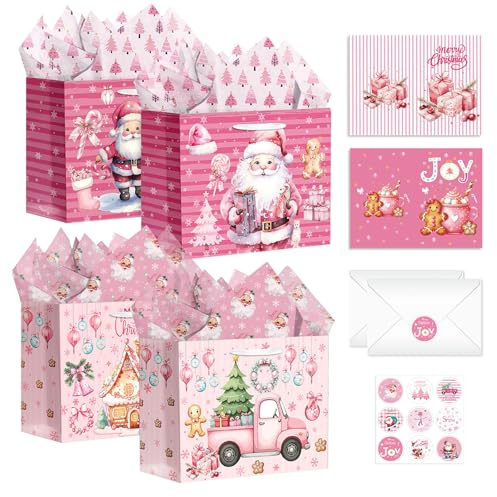 MORAINJAY 4 Stück Weihnachtstüten Groß 33x26x12cm, Geschenktüten Weihnachten Rosa mit Griffen, 8 Seidenpapier, 4 Grußkarten, 4 Umschläge, 4 Aufkleber, Geschenkverpackung für Feiertage