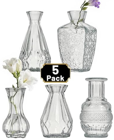 ROLLSCERAY Bud Vases in Bulk 5, Clear Glass Bud Vases for Centerpieces, Small Vase for Flowers, Mini Vintage Flower Vase for Centerpieces, Wedding Table Decor, Home Decor