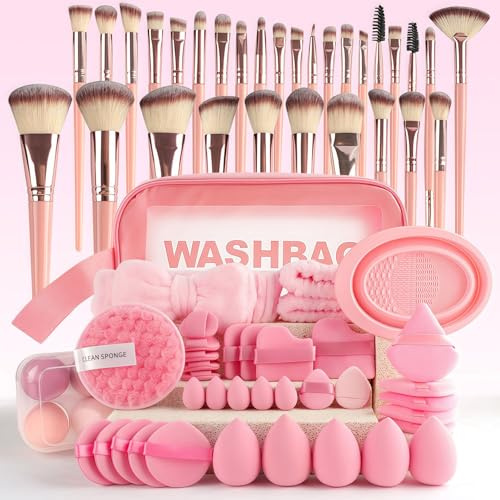 67PCS Pinselset Makeup Professionelles & Gesichtspflege-Set | Make up Pinsel set für Frauen mit Beauty-Schwämmen, Aufbewahrungstasche | Komplett-Set für Foundation, Lidschatten(rosa)