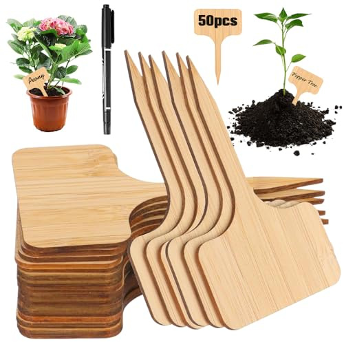 BIZOI 50PCS Bamboo Plant Label, 10x6cm T-Type Wooden Plant Tags with Plant Labels and Marker Pen for Outdoor Plants, Seeds, Herbs & Flowers Natural Garden Markers (50 Labels + 1 Black Oil-Based Pen)