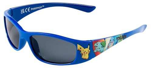 CARTOON Sportliche Sonnenbrille für Kinder, Pikachu Bulbasaur & Squirtle UV400 Kat.3 Gläser Acryl Rahmen Polycarbonat Blau Wrap Geschenkidee Pokémon