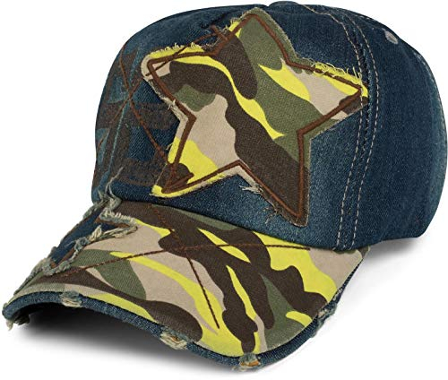 styleBREAKER Gorra Vaquera Vintage de 6 Paneles con Estrella de Camuflaje y el número 52 Cosido, Apariencia desgastada, Gorra de béisbol, Ajustable, Unisex 04023053, Color:Azul Oscuro/Amarillo neón