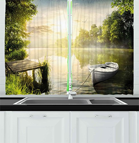 Ambesonne Nature Kitchen Curtains, Boat by The Foggy Lake Deck Dreamy Forest in The Morning Country Style Image, Window Drapes 2 Panel Set for Kitchen Cafe Decor, 55 x 39, Olive Green White