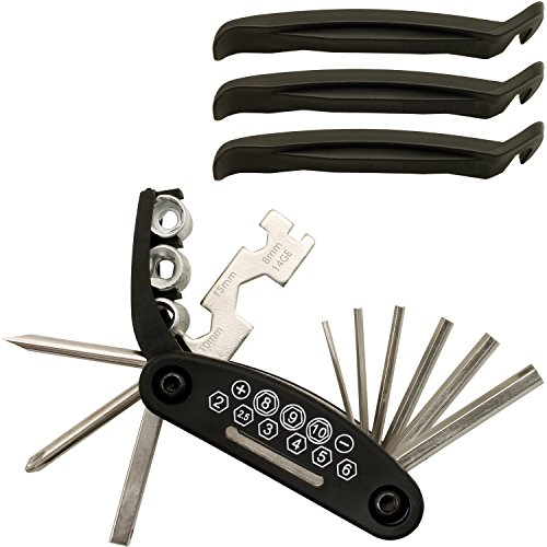 CampTeck U6621-16 in 1 Multifunctional All in One Allen Keys Set Bike Motorcycle Scooter Bicycle Folding Repair Tool Kit + 3x Tire Levers