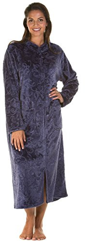 Lady Olga Fleece-Nachtwäsche in 3 Stilen, Bademantel, Morgenmantel oder Bettjacke, mit Reißverschluss und Knöpfen Gr. 46/48 DE, Navy - Zip