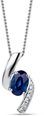 OROVI – Kette Damen aus 9 Karat (375) Weißgold mit ovalem Saphir Anhänger (0.44 Ct) & Diamanten (0.03 Ct) im Brillantschliff – Edelstein Halskette Damen – Allergenfrei & handgemacht (45 cm)