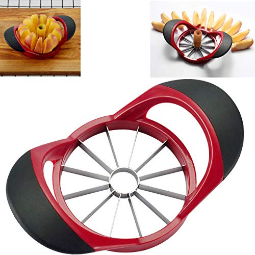 HengKe 12-Blade Apple Slicer Corer Cutter，Ultra Sharp Stainless Steel Blades & Ergonomic plastic Handle，3 in 1 Apple Slicer Potato Slicer Cutter for French Fries and Mango Slicer Corer (red)