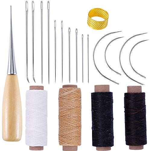Qtopun Leder-nadeln und gewachste Fäden, 20 Stück, Leder-DIY-Werkzeuge, 7 Arten Haushalts-Nähnadeln, gebogene Nadeln, Löcher, handliche Aweln und Fingerhut
