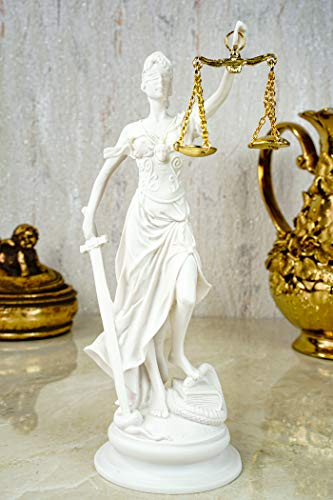Kremers Schatzkiste Alabaster Justitia Göttin Figur Skulptur runder Sockel BGB Recht Gerechtigkeit 21 cm weiß Gold