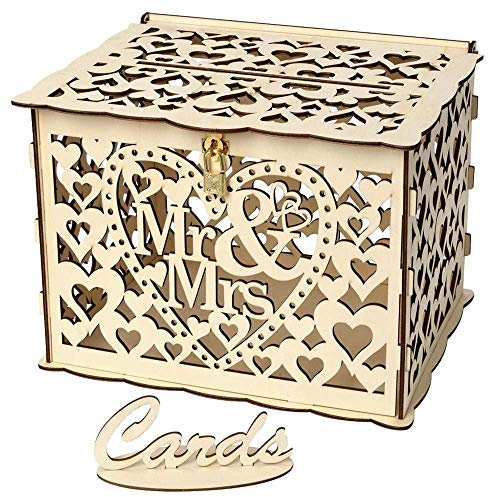 Aeromdale Wooden Wedding Card Post Box with Lock and Card Sign DIY Rustic Hollow Gift Card Boxes for Wedding Birthday Baby Shower Parties 25 x 20 x 18.3 cm - Mr & Mrs