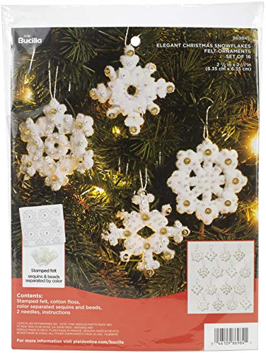 Bucilla 55958 Filzapplikation Ornament Kit, 16-teilig, Weihnachtsschneeflocken, Elegante Weihnachts-Schneeflocken
