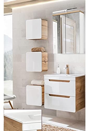 Lomadox Badezimmermöbel Set Hochglanz weiß mit Wotan Eiche Nb., 61 cm Waschtischunterschrank mit Keramik-Waschtisch, LED-Spiegelschrank & 3 Hängeschränke