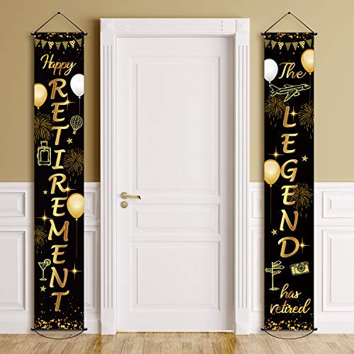 Ruhestand Veranda Schild Tür Hängendes Banner, Schwarz und Gold Happy Retirement Banner The Legend Has Retired Stoff Türschild Hintergrund für Ruhestand Party Dekoration Zubehör, 71 x 12 Zoll