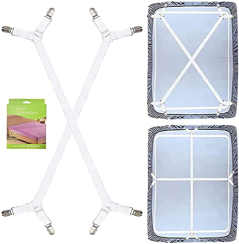 Felly Verstellbare Bettlakenspanner, 2 Stück Elastische Lakenhalter, Weiß Betttuchspanner, Lakenspanner mit Metallclips, für Bettlaken, Matratze, Bügelbrett Oder Sofa, Weiß