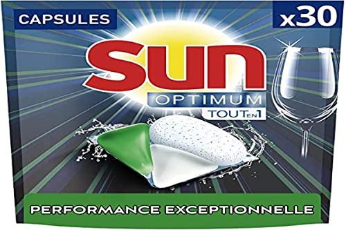 Sun Cápsulas para lavavajillas Optimum todo en 1 limón Bergamota x30, eficacia impregnable, ingredientes naturales, limpieza, brillo y perfume fresco, 30 pastillas