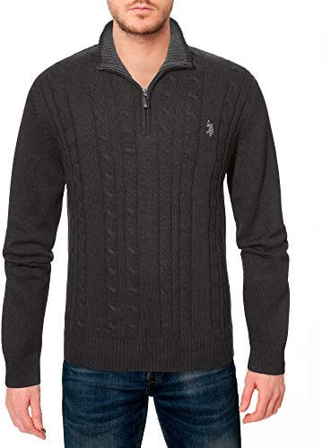 U.S. Polo Assn. Men's Cable Knit 1/4 Zip Sweater (XXL, Charcoal Heather)