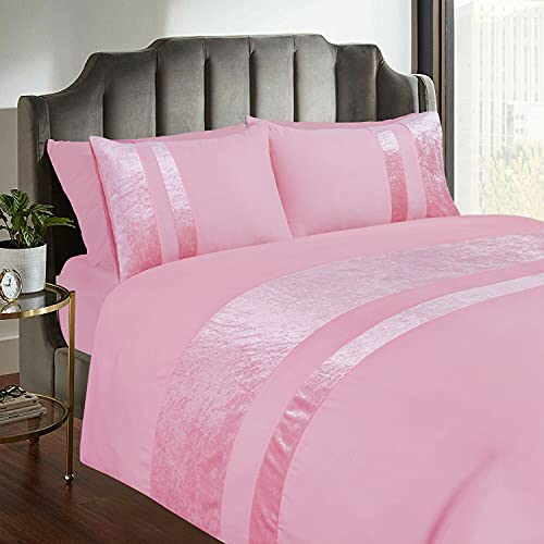 Casabella Luxury Crushed Velvet Panel Band Duvet Cover Sets with Pillow Case Single Duvet Cover Bedding Set – Pink Crush Velvet Single Duvet Cover Sets
