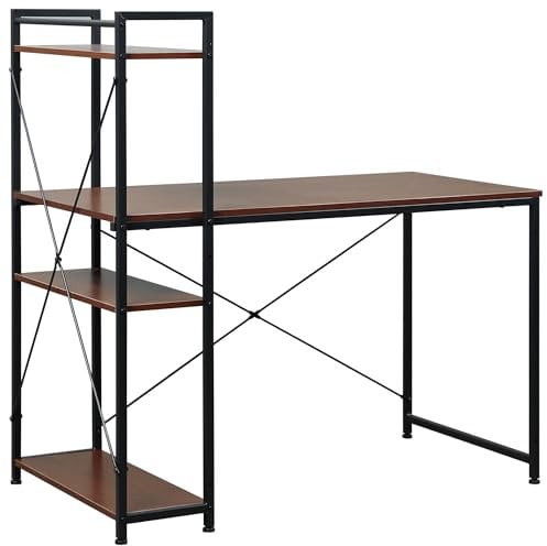 HOMCOM Bureau d'angle avec Rangement Design Industriel avec bibliothèque 3 étagères Panneaux Particules Aspect Noyer métal Noir