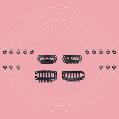 WENNALIFE Schwarz Unsichtbarer Elastischer Draht für Secret Wire Hair Extensions Echthaar 4 Schwarz Flexibler Haken Einstellbar Fish Line 7 Zoll 8 Zoll 9 Zoll 10 Zoll with 2 Schwarz Edelstahl Clips