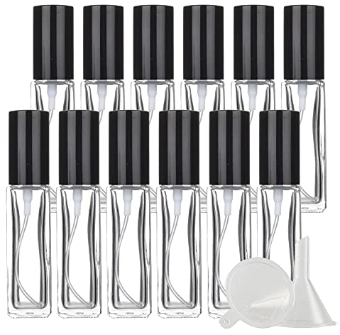 BasicPacking Leer 10ml Transparent Portable Parfüm Zerstäuber mit Schwarz Deckel, 24 Stück Mini Quadrat Dickes Glas Nachfüllbar Parfümzerstäuber Sprühflasche, Parfümflasche Reisen + 6 x Trichter