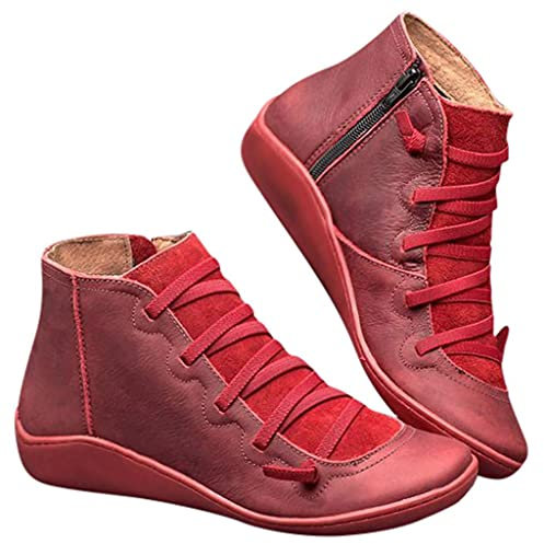 BeerMmay Damen Knöchelschuhe Rund Toe Flache Leder Stiefeletten Schnürung Reißverschluss Wasserdichte Schuhe rutschfeste Damenstiefel Winterstiefel Comfort Knöchel Schuhe Worker Boots