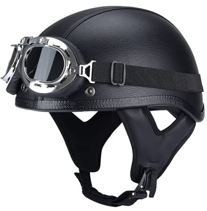 ZHEN Style de Vintage Cuir Moto Casque Bols avec Visière UV Lunettes, Casques Cuir Homologué ECE Chopper Retro Demi Casque Jet en Cuir pour Scooter Cruiser Moped