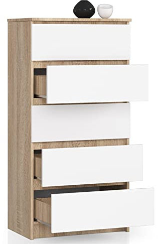 Kommode mit 5 Schubladen, Sideboard, Multifunktionsschrank, Wohnzimmer, Esszimmer 60x121x40cm (Eiche Sonoma/Weiß)