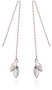 Reffeer Solide 925 Sterling Silber Blatt Baumeln Ohrringe für Frauen - Blatt Tropfen Earrings mit Einfädler und Kettenohrringe in C-Rose Gold Plated
