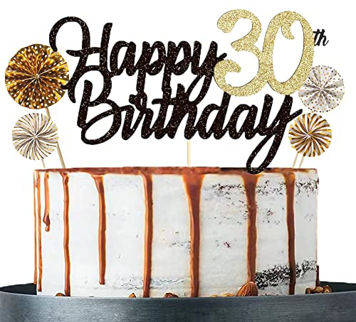 Tortendeko 30 Schwarzes Gold set Doppelseitiges Glitzerpapier Happy Birthday Cake Topper für Geburtstag Deko 30