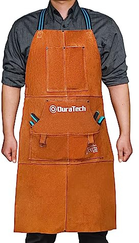 DURATECH Leather Welding Apron, Heat Flame Resistant, 23 x 36 Heavy Duty Work Apron with 6 Tool Pockets, 100% Cowhide Leather