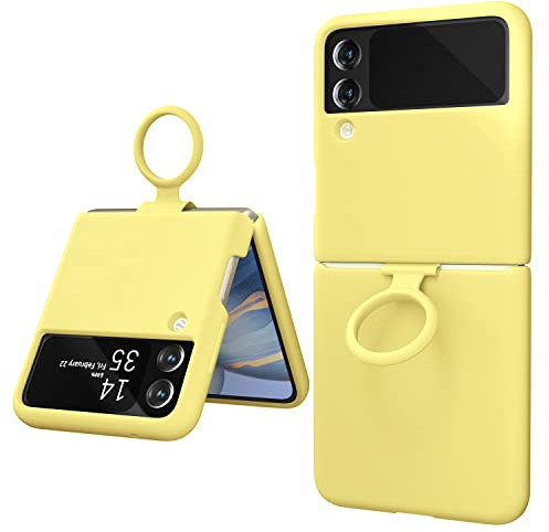 OHLIGIA Samsung Galaxy Z Flip 3 Liquid Silicone Case with Ring Protective 3 Layer Shockproof Phone Cover with Anti-Scratch Soft Microfiber Lining for Galaxy Z Flip 3 5G (2021) (Yellow)