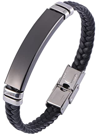 Whoiy Herren Armband Zum Gravieren, Kleine Geschenke für Männer Leder Glänzendes Tag Geflochtenes Lederarmband Korbgeflecht für Männer 18.5cm