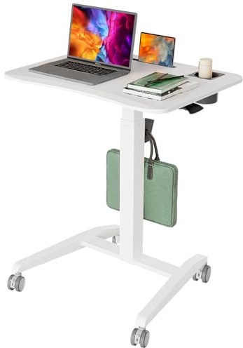 Gibbon Mounts Höhenverstellbar Schreibtisch, Mobiler Laptoptisch mit Rollen | Tragbarer weißer Stehpult 70x52cm mit abgerundeter Tischplatte, Getränkehalter, Schlitz und Haken, 4 feststellbare Lenkrollen