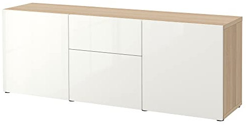 Ikea BESTÅ Aufbewahrungskombi mit Schubladen, 180x42x65 cm, weiß gebeizt Eiche / Selsviken Hochglanz/Weiß