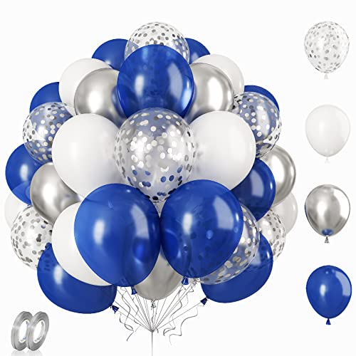 Luftballons Blau Silber, 12 Zoll 60 Stück Luftballons Marineblaue und Weiß Party Ballons Metallic Silber Konfetti Helium Luftballons mit Bändern für Geburtstag Babyparty Hochzeit Graduierung Deko