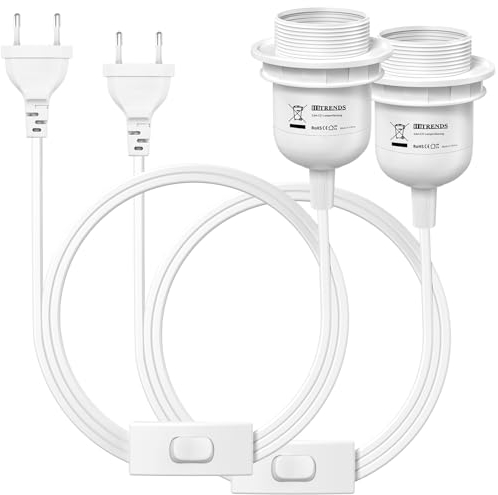 KEAGAR 2 x E27 Lampenfassung mit Schalter mit Stecker, E27 Fassung Schwarz mit 3,5m Kabel Schraubring - Küche, Wohnzimmer und Kinderzimmer - Weiß White