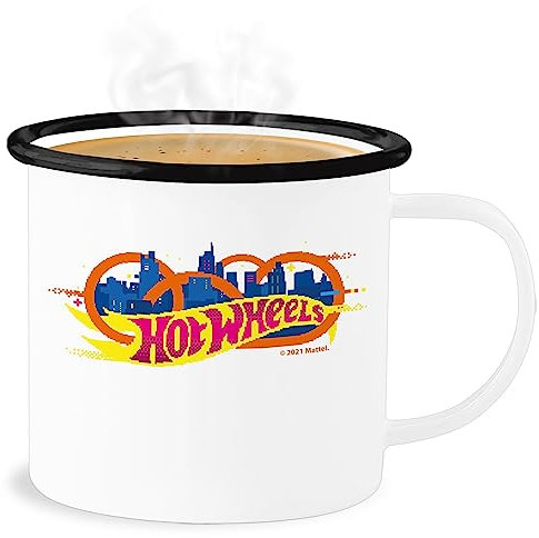 Emaille Becher Blechbecher - Hot Wheels Tasse - 8-Bit Logo V1-300 ml - Weiß Schwarz