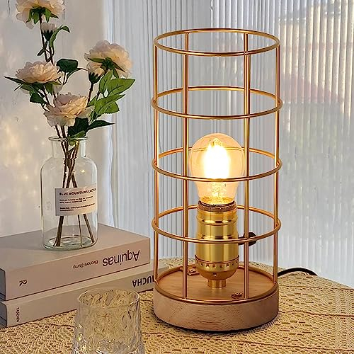 Industrielle Gold Tischlampe mit Metallkäfig, Messing Bauernhaus rustikale Schreibtischlampe Stecker in Kabel Schalter, E27 Vintage Basis Bronze für Home Lighting Steampunk Schlafzimmer, Wohnzimmer