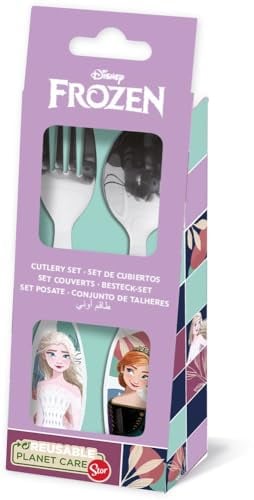 Set de 2 cubiertos azules Disney para niñas en Frozen Elsa y Anna de acero inoxidable con puntas redondeadas