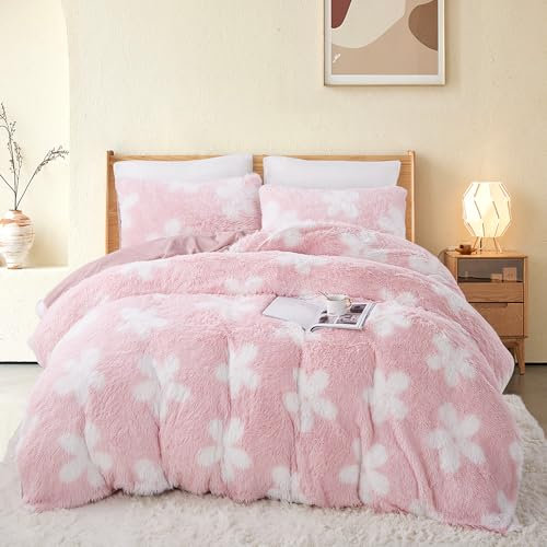 Freyamy Peluche Housse de Couette 220x240cm Rose Shaggy Faux Fur Parure de lit 2 Personne Hiver Chaude avec Fermeture Éclair Duveteux Chaleur Flanelle Linge de lit avec 2 Taie d'oreiller 65 x 65cm