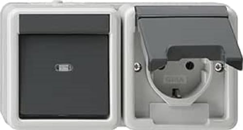 GIRA 417730 Kombination Wippschalter/SCHUKO-Steckdose 16 A 250 V~ waagerecht mit Klappdeckel Universal-Aus-Wechselschalter, Grau