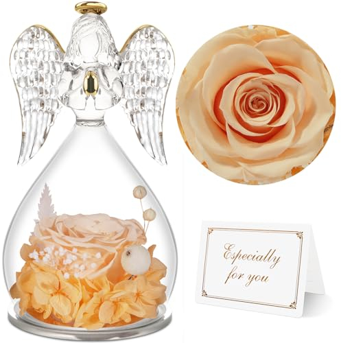 Yamonic Rose Eternelle et Ange Gardien en Verre - Cadeau pour Fete des Meres, Maman, Mamie - Fleur Eternelle, Décoration Femme