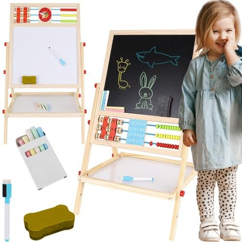 KRUZZEL Tableau Pliant pour Enfants avec Craie et Aimant à Partir de 3 ans en Bois - Tableau Noir et Blanc - avec Compartiment de Rangement Pratique pour Accessoires 22472