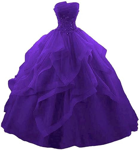 Vestido largo sin tirantes de quinceañera vestido de fiesta de princesa de encaje de tul con cuentas, violeta, 60 Más