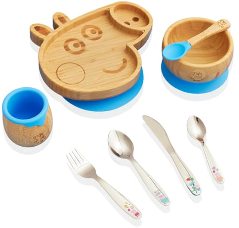 bamboo bamboo X Peppa Wutz Baby & Kleinkind-Abstill-Set, Baby Teller & Schüssel mit Saugnapf, Baby-Löffel, Kinderbecher und Besteck zum Füttern und Abstillen für Babys ab 6 Monaten (George Pig, Blau)