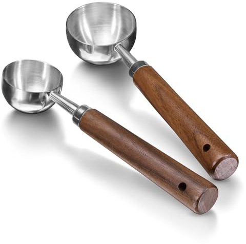 Modixun 2 cucharadas de café para café molido, 1 cucharada (15 ml) y 2 cucharadas (30 ml), cuchara medidora de café de acero inoxidable 304 con mango largo de madera de nogal, color plateado