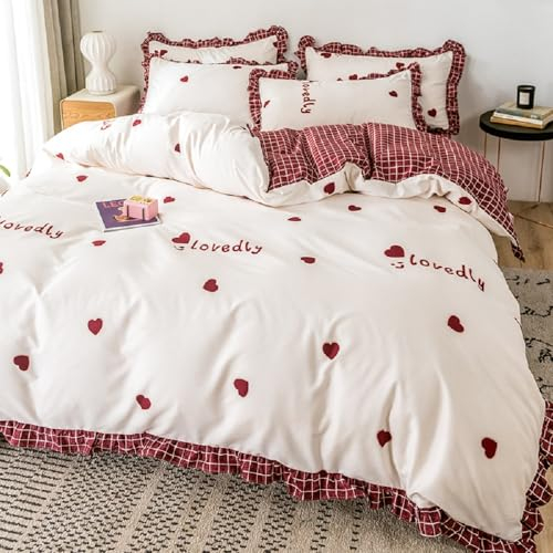 Sedefen Bettwäsche 200x220 cm mit Rüschen Rot Weiß Herzen Kariert Wendebettwäsche aus Mikrofaser,ÖkoTex Zertifiziert & für Allergiker Geeignet,1 Bettbezügen & 2 Kissenbezügen 80x80