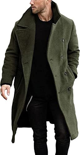Runcati Men's Coat Regular Fit Trench Coat Long Lapel Double Breasted Wool Business Winter Jacket Peacoat Green L